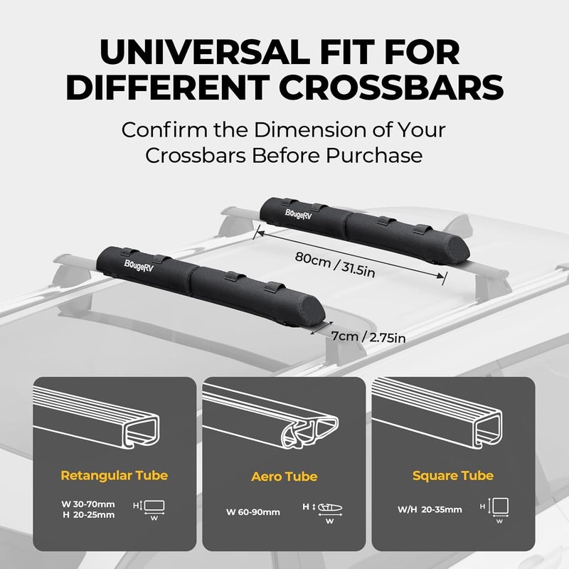 BougeRV Soft Roof Rack Pads, 31.5" Surfboard Car Rack for SUP Kayak Ladder Luggage Carrier, Universal for Different Shapes of Cross Bars, Water-Resistant Crossbar Pads with 2 Endless Ratchet Straps - Image 2